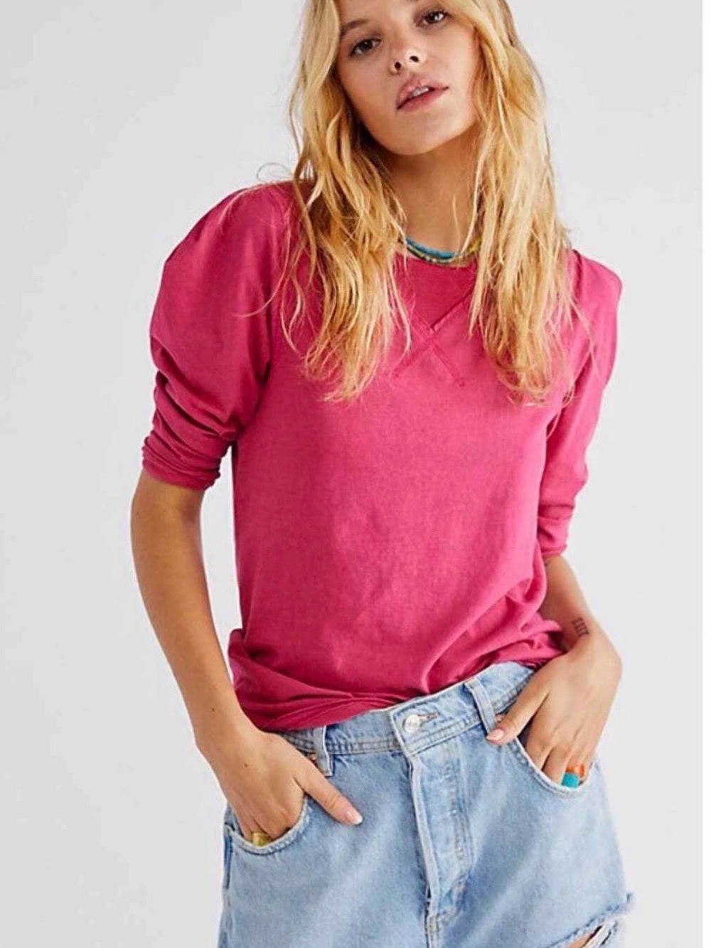 We The Free Berry Pink Puff-Shoulder Long Sleeve Top